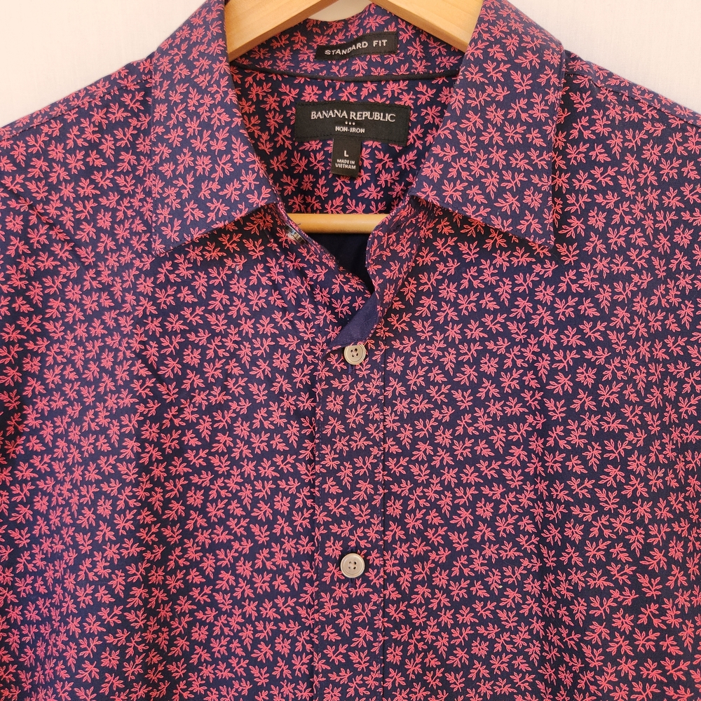 Banana Republic Navy Blue Pink Floral Non Iron Long Sleeve Dress Botton Up L Y2K